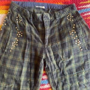 NICOLI Stylish Green Plaid Trousers with Stud Details